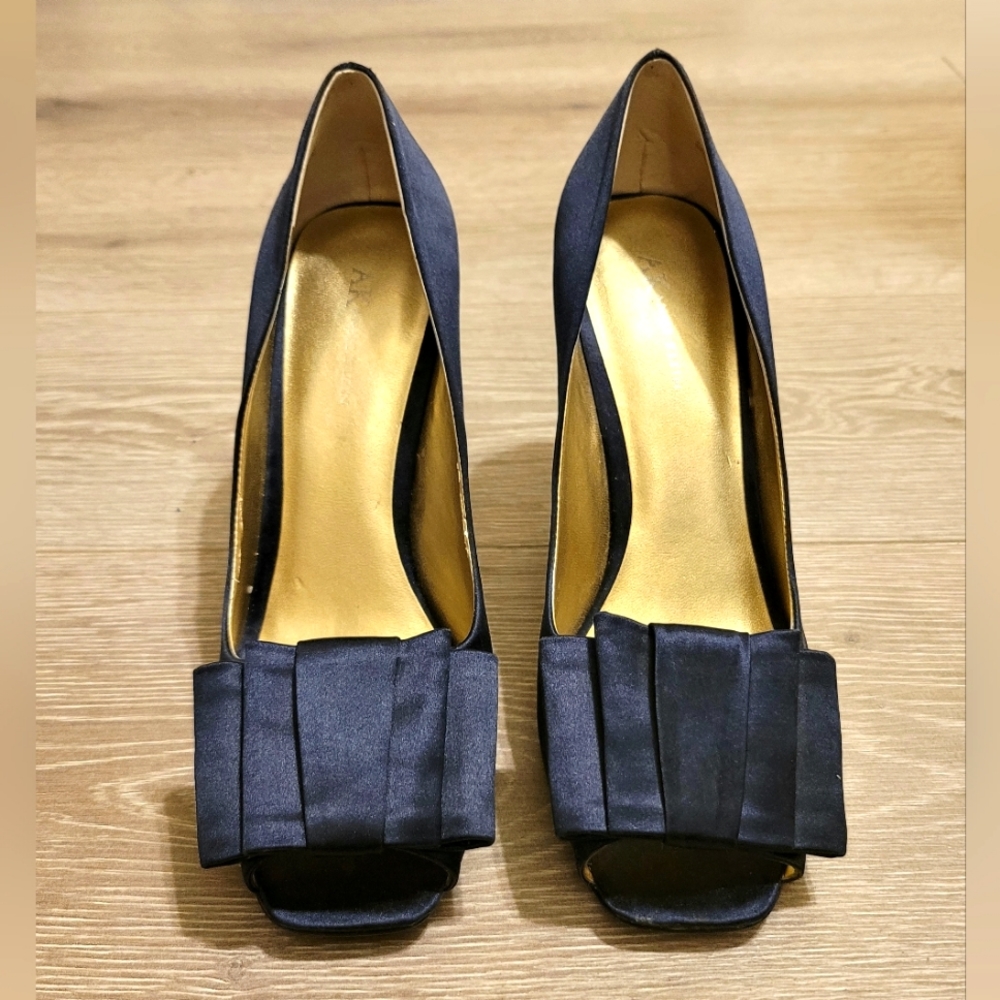 Anne Klein | Navy Blue | Satin | Open Toe  Heels w Bow | Size 8.5 M